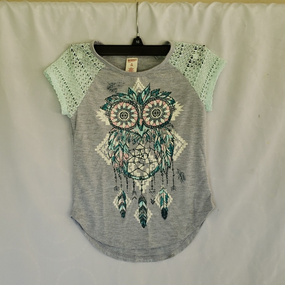 Arizona girls owl shirt size 7/8 grey and mint